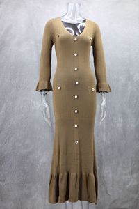 Bouton revers coupe ajustée tricoté femmes à manches longues col rabattu pull robe bouton côtes mince Ribeed élégant Maxi robe 2854 - Product Image 6