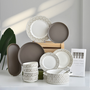 Ensemble de dîner bohème en <span class=keywords><strong>porcelaine</strong></span> ensembles de vaisselle en céramique pour 6 personnes couleur glaçure décalcomanie assiette à soupe bol vert gris marron - Product Image 2
