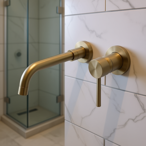 Robinet de salle de bain mural DB en laiton brossé doré, design minimaliste, mitigeur à poignée unique, valve en céramique, installation 1 trou - Product Image 2