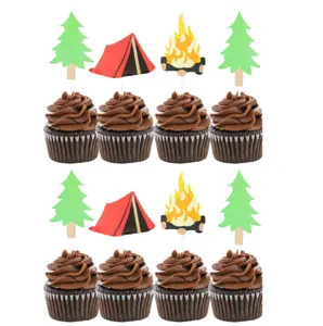 Kampvuur Tent Boom Ontwerp Papieren Cake Toppers Cupcake Toppers Voor Camping Picknick Vreugdevuur Vakantie Evenement Feest Decoratie Benodigdheden