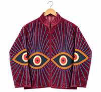 Blouson Bomber Femme en Velours Bordeaux Brodé avec Motif Œil, Manches Longues, Col en V, Doublure Coton, Hiver, Fourniture ODM, Respirant, Séchage Rapide