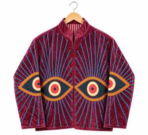 <b>Burgundy</b> Velvet Embroidered Eye Bomber <b>Jacket</b> <b>Women</b> Long Sleeve Stand Collar Cotton Lining Winter B2B Wholesale Supply - Product Image 5