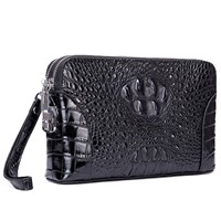 Tas genggam pria mewah, tas genggam pria mewah, hitam timbul, kulit asli, ritsleting, dompet panjang ramping, tas pegangan Anti Maling