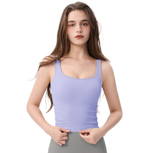 Women's Ribbed Yoga Tank Top With Fixed Cup Pinkish Brown Solid Color Sport Bra For Workout And Daily Wear - Product Image 3