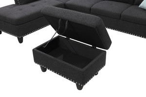 98" Wide Three Seat Left Hand Facing L-Shaped Corner Sectional <b>Sofa</b> <b>Storage</b> Ottoman Eco-Friendly Durable Linen Upholstery <b>Sofa</b> - Product Image 3