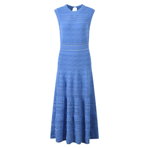 Nuovo Abito Lungo da Donna Elegante e Alla Moda, Senza Maniche, con Scollo a O, Motivo a Onde <span class=keywords><strong>Blu</strong></span>, in <span class=keywords><strong>Maglia</strong></span> Aderente in Vita, Stile A-line - Product Image 1