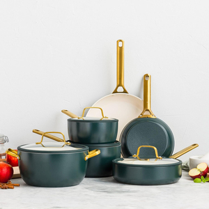 High Quality Modern <b>Ceramic</b> Coated Non-Stick <b>Pots</b> Pans Stainless Steel Handle 10-Piece Aluminum Induction Green Cookware Set - Product Image 3