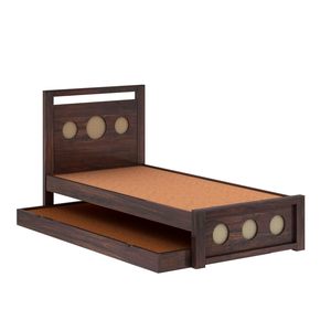 Lit simple en bois massif de qualité supérieure avec lit gigogne intégré, finition noyer foncé, cadre de lit en bois avec tête de lit décorative en cannage - Product Image 6