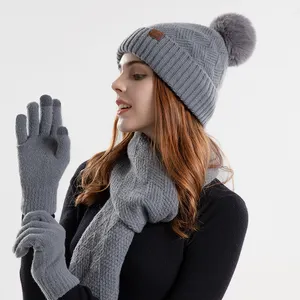 Женский зимний трикотажный длинный шарф и перчатки для сенсорного экрана, шапка на флисовой подкладке с помпоном