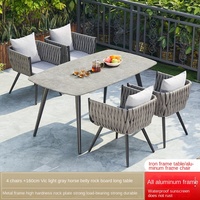 Ensemble de jardin moderne nordique d'extérieur, chaises en métal et corde tressée, table en dalle de pierre, terrasse, villa, parasol de loisirs, 4-6 places