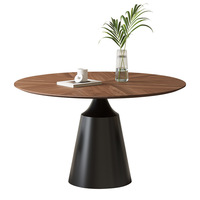 Table à manger en bois de luxe simple, plateau rond en mosaïque de bois avec piètement en acier carbone, table de salle à manger classique, petite table de salle à manger