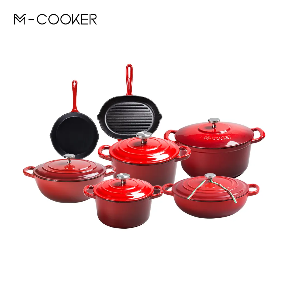 M-cooker New Style Design Red Color Cookware Sets Kitchenware Cooking Pots Sets Enamel Cast Iron Cookware Set