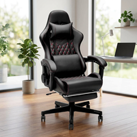 Fauteuil de gaming ergonomique noir inclinable et pivotant avec massage rafraîchissant, repose-pieds extensible en cuir pour la maison et le bureau