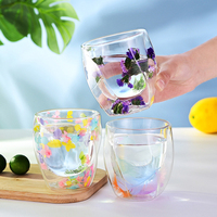 Taza de Vidrio de Borosilicato de Doble Pared de 300 ml, Diseño Moderno, con Decoraciones de Flores Secas, para Café y Leche
