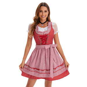 Adult Women's <b>Beer</b>-Themed Oktoberfest Dirndl Dress Red Gingham Skirt with Apron Fancy Costume Party Wear - Product Image 1