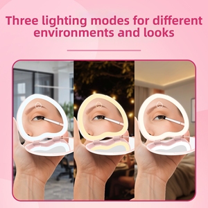 Miroir de maquillage de poche en forme de cœur à double face grossissant 1x 2x avec lumière tricolore, cadre en plastique pliable, portable - Product Image 3