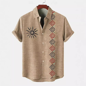 <span class=keywords><strong>Camicia</strong></span> estiva da <span class=keywords><strong>uomo</strong></span> a maniche corte in stile etnico con stampa azteca, misto <span class=keywords><strong>lino</strong></span>, casual, con bottoni, da spiaggia - Product Image 4