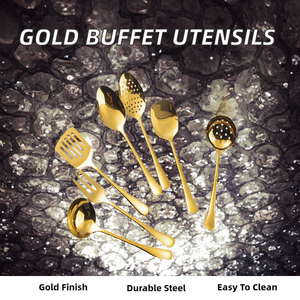 Gold Plated Stainless Steel 9-Piece <b>Buffet</b> Serving Set Large Spoons Forks Soup Ladle Cake <b>Server</b> Dishwasher Oven Safe for Hotel - Product Image 2