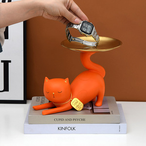 Lucky Cat Resin Tray Storage Ornament For Home Decoration Artistic Animal Shape Key And Fruit Holder - Product Image 1