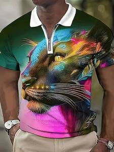 Vendita all'ingrosso da uomo con motivo animale colorato a maniche corte con cerniera stampata 3D - Product Image 6