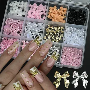 12Grids 3D Multi-Colors Ribbon Flower Nail Art Charms Simulated Petals Love,<b>Metal</b> Bowknot Nail Decoration DIY Manicure Accessory - Product Image 3
