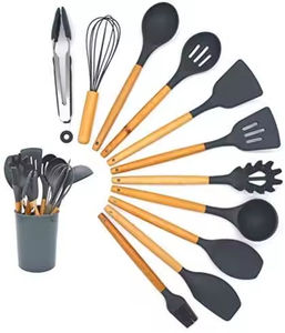 Ensemble d'ustensiles de cuisine en silicone à manches en bois, 11 pièces (spatules, pinces, cuillères), non toxique, faible MOQ, avec support - Product Image 1