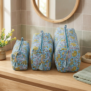 Quilted Block Printed Floral Cosmetic Bags Set With Tassel Zipper Closure Portable Travel <b>Makeup</b> Organizers Bags Container - Product Image 1