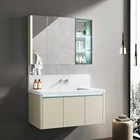 Ensemble de meuble-lavabo moderne en contreplaqué blanc crème imperméable avec vasque en céramique, miroir intelligent et armoire murale pour hôtel, villa, appartement