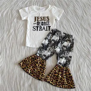 De gros infantile jésus image-Vêtements pour bébé fille imprimé jésus, chemise à manches courtes, pantalon à cloche, léopard, vente en gros, boutique