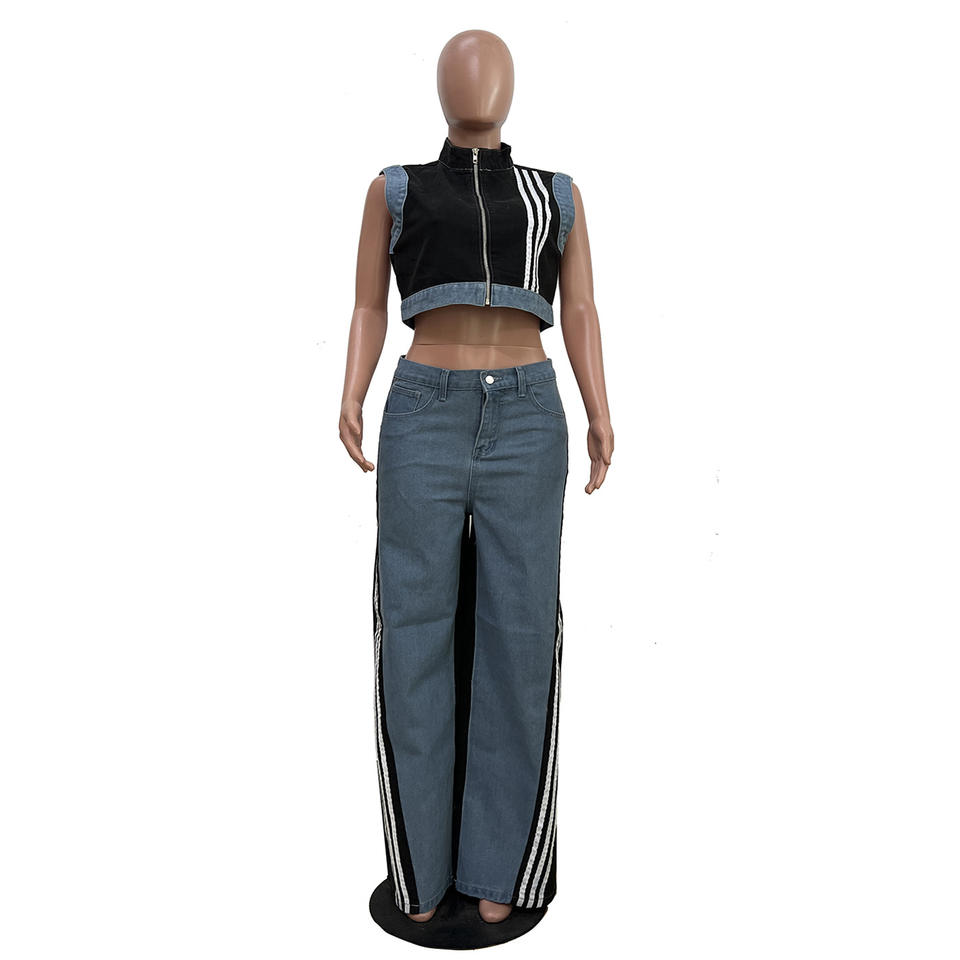 Patchwork Stretch Denim Top Short Pants Piece Sets