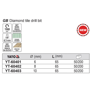 Broca de diamante Yato con vástago hexagonal de 10 mm para perforación de azulejos de cerámica y mármol YT-60401 - Product Image 2