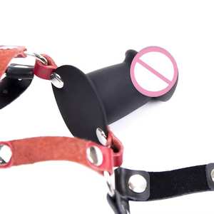 Correa de sujeción corporal ajustable Yamamoto de cuero genuino y silicona, con tapón bucal abierto montado en la cabeza, dildo gag negro y rojo, BDSM, sexo - Product Image 3