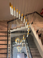 Lustre d'escalier en cristal à suspension longue, hauteur réglable, moderne, doré, multi-lumières LED, anti-éblouissement, contrôle sans fil, pour villa