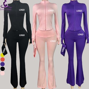 Bộ đồ thể thao nữ hai mảnh chất lượng cao gồm áo khoác hoodie có khóa kéo dài tay và quần ống loe - Product Image 1