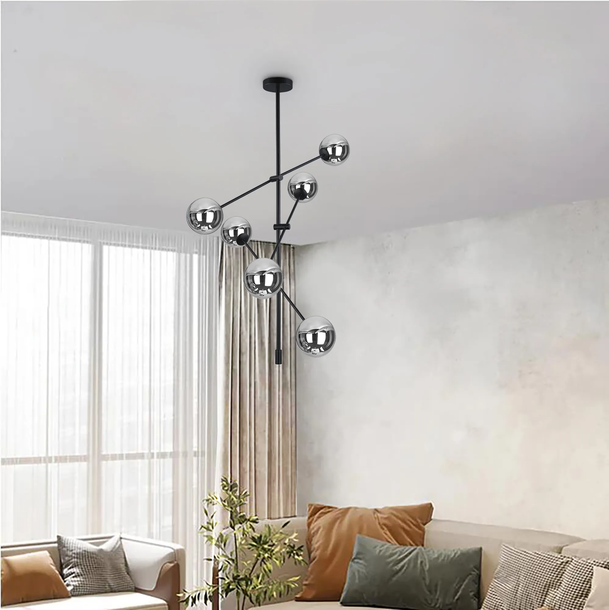 Nordic 6 Light Irregular Metal Pendant Lamp Dining Room Black Agate Glass Hanging Ceiling Lamp