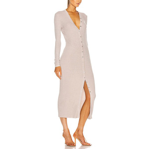 <span class=keywords><strong>Abito</strong></span> in <span class=keywords><strong>Jersey</strong></span> a Coste OEM 2025 da Donna, Invernale, Tinta Unita, Traspirante, con Bottoni, Casual, <span class=keywords><strong>Midi</strong></span>, Personalizzabile, Scollo a V, Aderente, Vita Naturale - Product Image 3