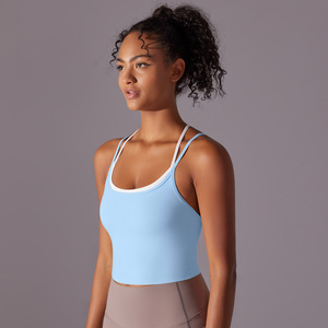 Wholesale Women Contrast Color Criss Cross <b>Back</b> Sports Tank <b>Top</b> Quick Dry Stretch Removable Chest Pad Fitness Yoga Crop Vest - Product Image 5
