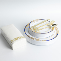 Vaisselle jetable sans BPA, vente directe usine, assiettes personnalisées à motif doré, couverts en plastique pour fêtes et mariages