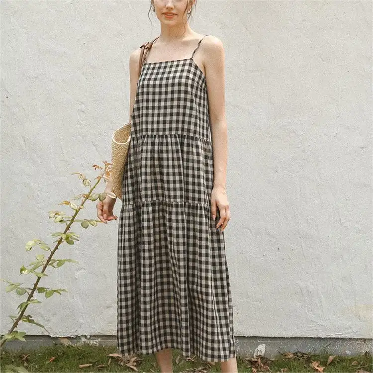 Custom Summer Female Casual Spaghetti Slip Maxi Long Dresses Printed Plaid Pattern Women's Halter Sleeveless Cotton Linen Dress