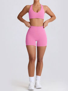 F67 mujeres contraste Color sujetador cintura cruzada pantalones cortos Leggings Yoga conjunto gimnasio Fitness conjunto Activewear entrenamiento correr ropa deportiva - Product Image 5