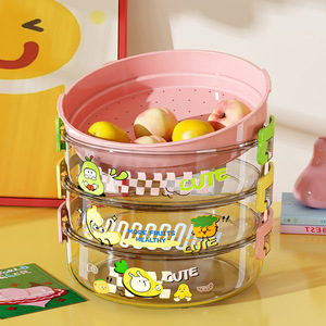Double Layer Drain Tray Round Portable Fruit Basket With Lid For Kitchen Storage - Product Image 1