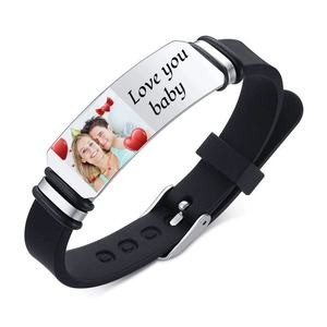 Adjustable <b>Stainless</b> <b>Steel</b> Silicone Wristband Engraved Picture Name Tex <b>Men</b> Women Personalized Photo Bracelet - Product Image 5