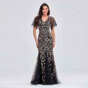 Nuevo Vestido Largo de Fiesta para Mujer, Sexy, con Cuello en V, Volantes, Manga Corta, Elegante, con Hojas Doradas, Malla Negra, Cola de Sirena - Product Image 4