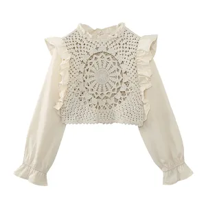 Patchwork design long sleeve knitted beige color eyelet crew neck casual fashion cotton blouse tops for women