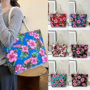 Nueva llegada: Bolsa de compras de lona de gran capacidad con estampado floral de moda, personalizada al por mayor, con asa de cuerda larga. - Product Image 2