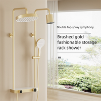 Robinet de douche thermostatique contemporain en laiton poli à double poignée avec panneau en verre trempé, barre coulissante, jet doux et massage céramique