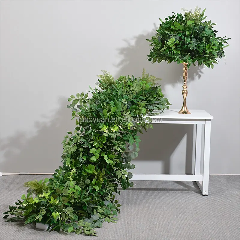 S052 faux table greenery long wedding floral runner green leaves flower ball and flower runner green centerpieces flowers