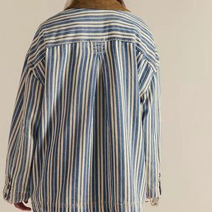 Chaqueta Holgada a Rayas para Mujer con Cuello de Pana - Estilo Boho para Venta al por Mayor, Abrigo Azul y Blanco de Moda - Product Image 5