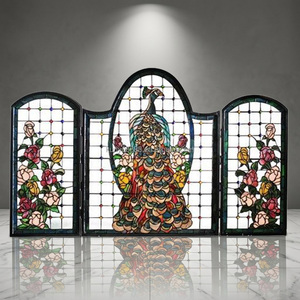 Paravent en verre teinté personnalisé, 3 panneaux, paon et fleurs, forme de cathédrale, style victorien, verre décoratif autoportant - Product Image 3