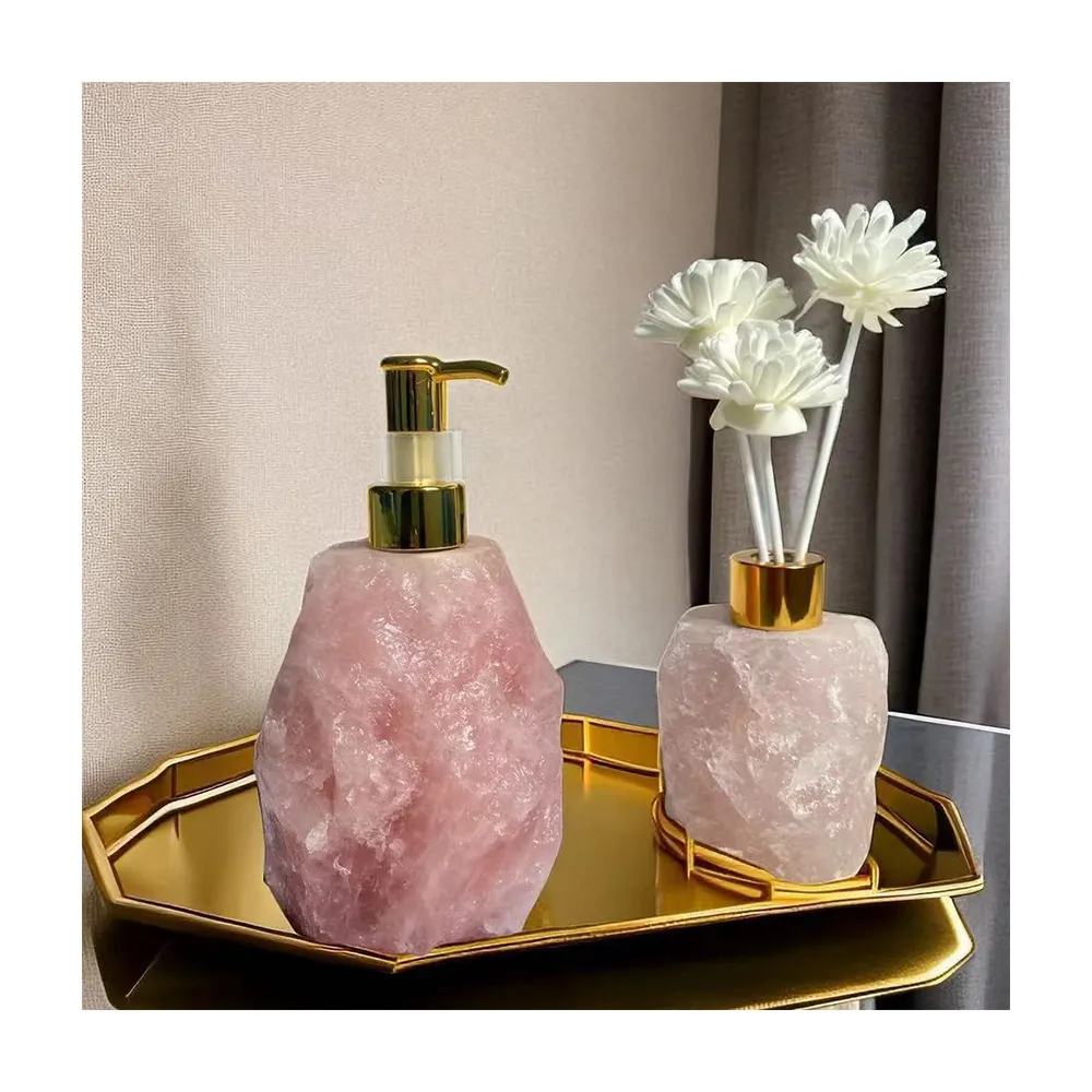 Difusor de cristal rosa cru de luxo 25ml, garrafa vazia de quartzo e aventurina, difusor de óleo essencial com aroma de pedras preciosas ásperas